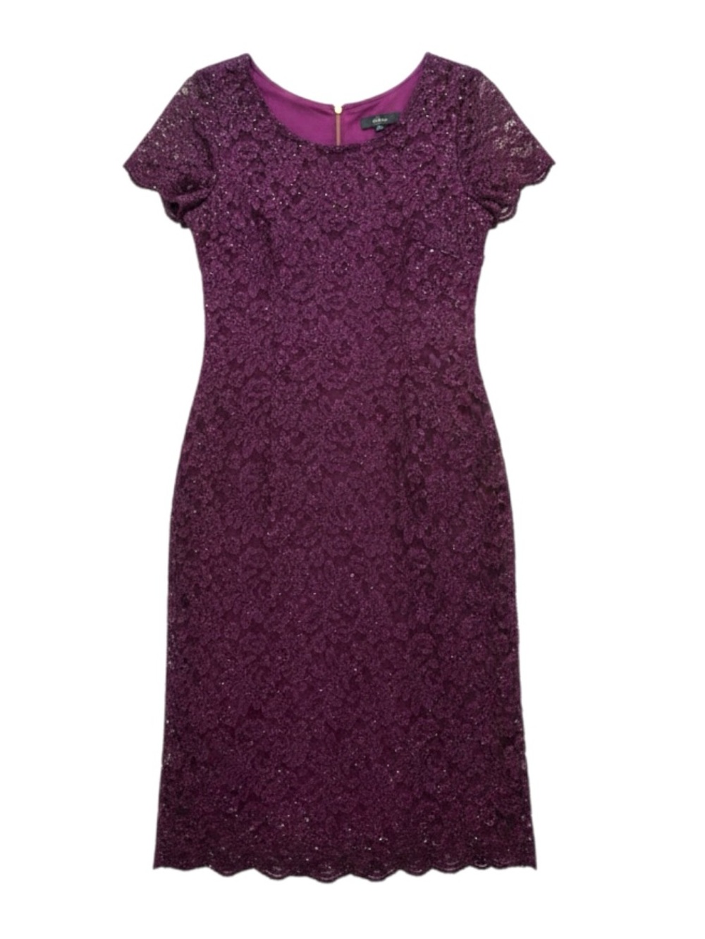 NWT Ronni Nicole Short-Sleeve Shimmer Lace Sheath Dress in a deep plum purple